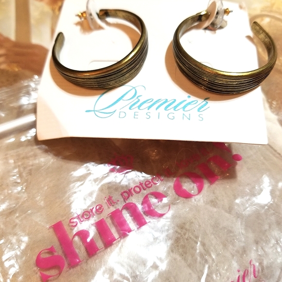 NEW Premier Designs Antiqued Brass Textured Hoop Earrings - Picture 2 of 6